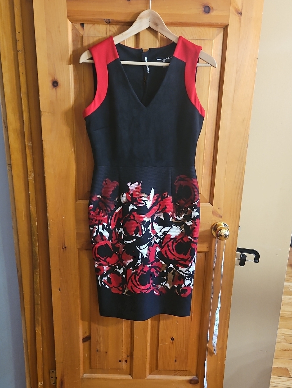 Karl Lagerfeld Black Midi Dress with Red Floral Print